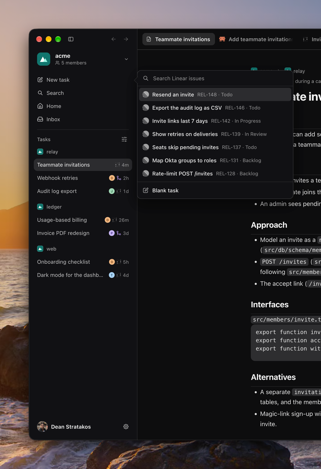 The sidebar with New task's picker open on acme's Linear issues, each with its key and state, a search field above them and Blank task below.